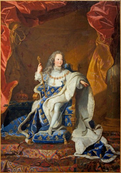 Retrato oficial de Louis XV em um terno de coroação de Studio of Hyacinthe Rigaud